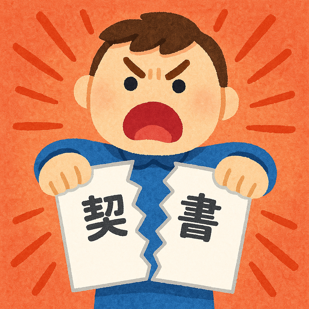 怒り顔のパペットが“契約書”をビリッと破ろうとしている