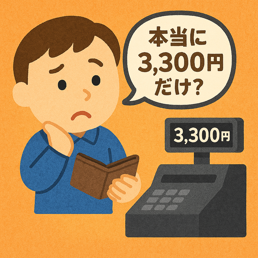 レジ前で財布を開き「本当に3,300円だけ?」と首をかしげるパペット