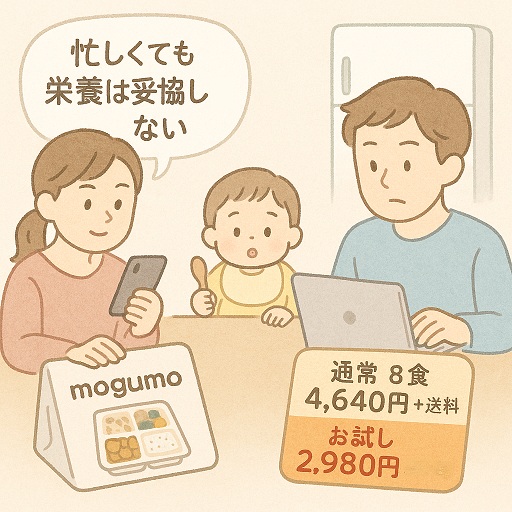 テーブルを囲むママ・パパと幼児が、mogumoの冷凍幼児食パッケージとノートPCを前に向き合う様子を描いたやわらかい手描き風イラスト