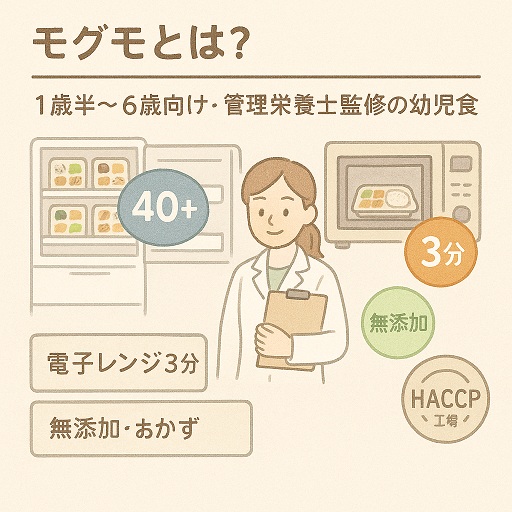 やわらかいパステル調のイラスト。冷凍庫に40種類以上のmogumo幼児食パッケージが並び、白衣姿の管理栄養士が中央で微笑む。右奥には電子レンジと〈3分〉アイコン、左下には〈電子レンジ3分〉と〈無添加・おかず〉の札、右下には〈HACCP工場〉マークが配され、「モグモとは? 1歳半〜6歳向け・管理栄養士監修の幼児食」と見出しが書かれている。